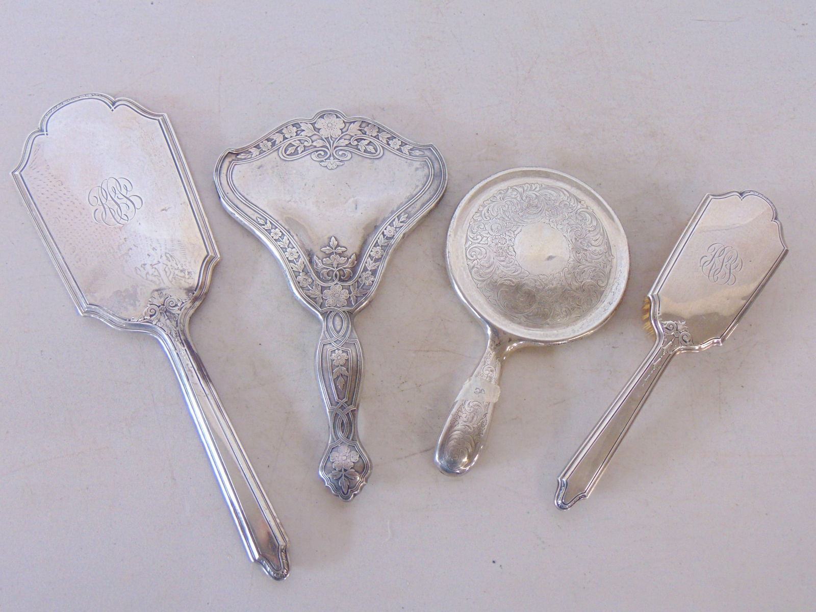 4 piece sterling silver vanity set, 3 hand held mirrors & brush. (1 of 6)