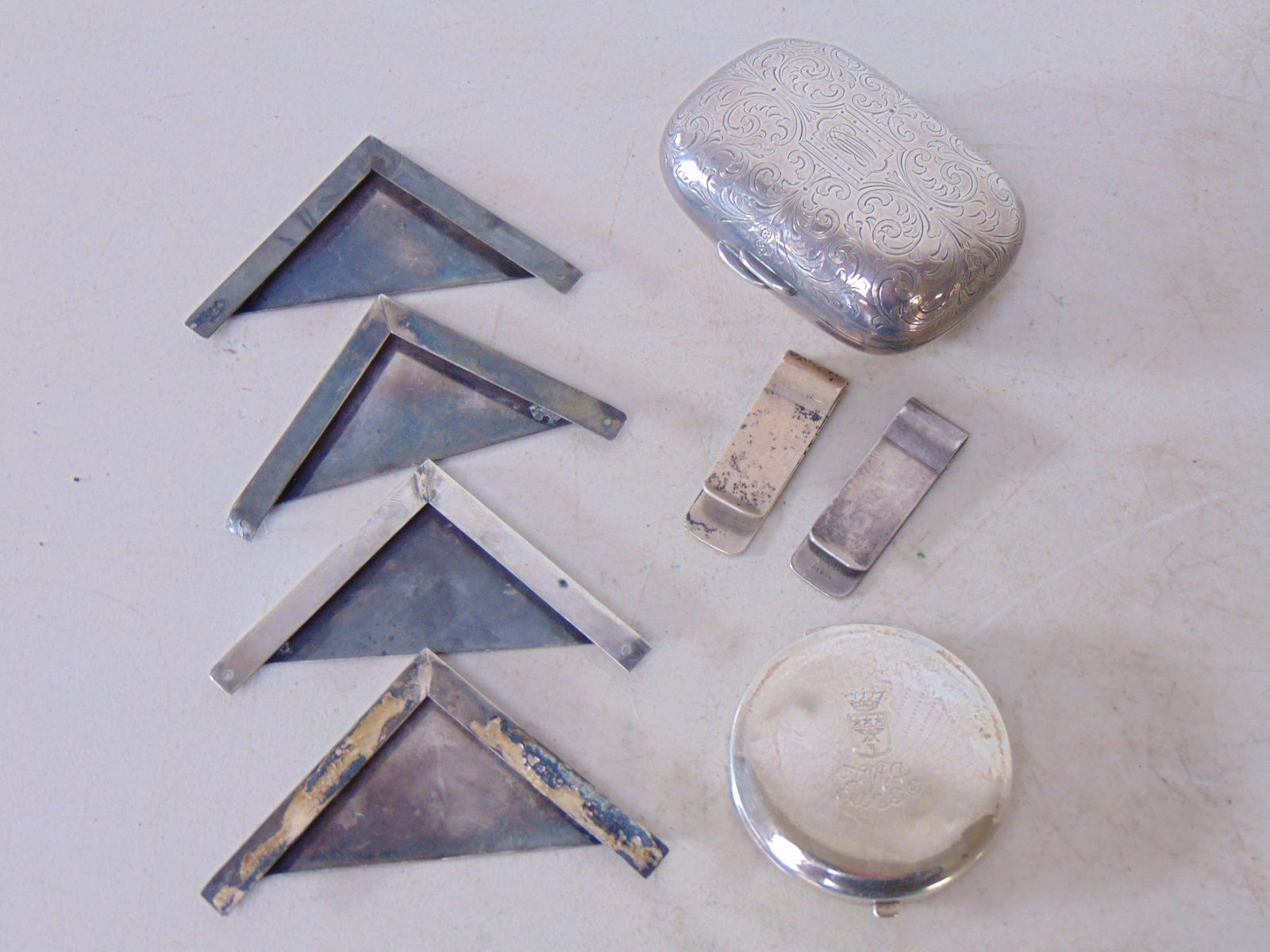 Tiffany & Cartier sterling lot, 4 blotter corners by Cartier, 2 7/8" by 2 7/8", Tiffany sterling com (1 of 7)