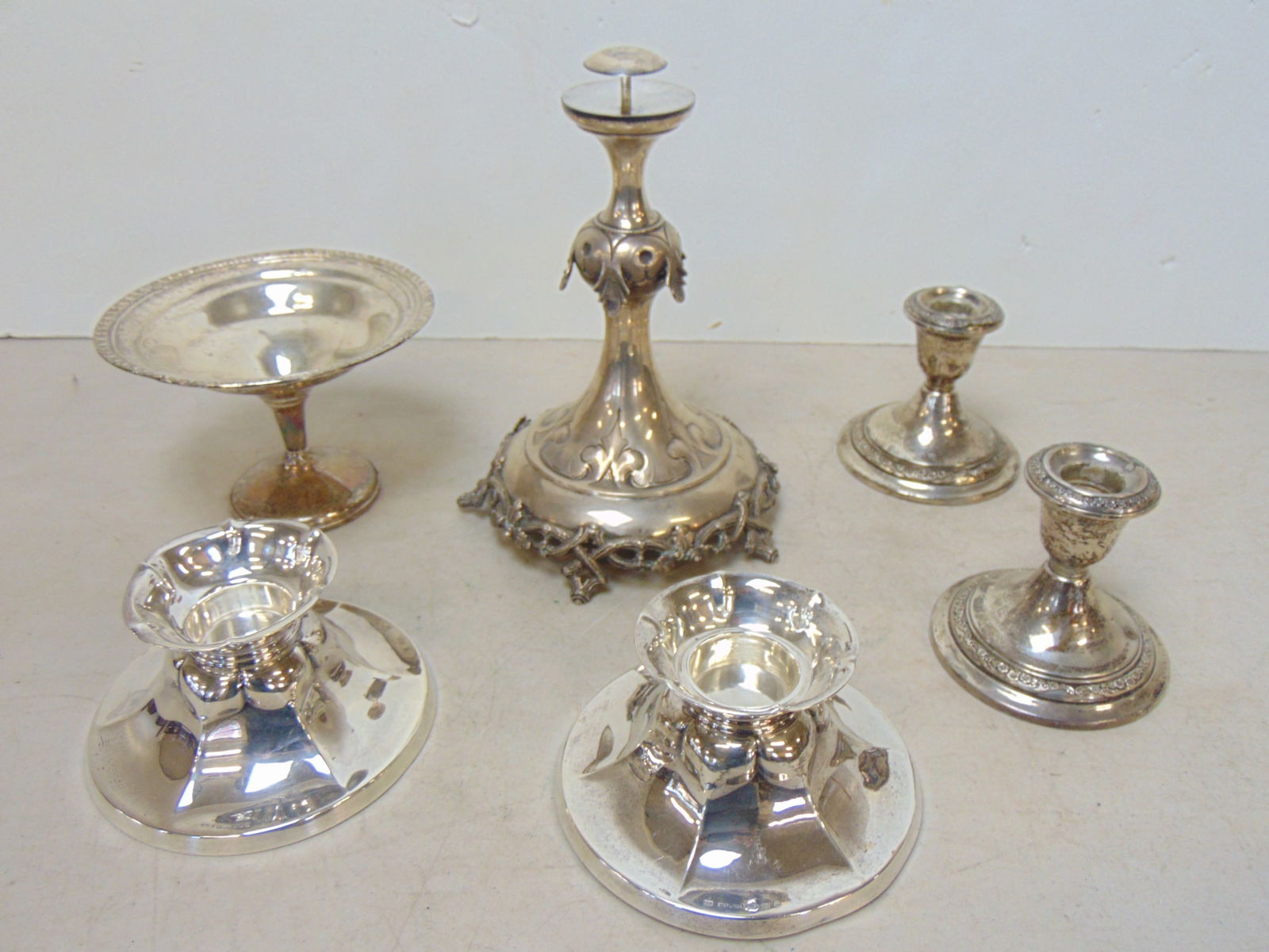 Lot weighted sterling & Russian (?) silver tazza base, candle sticks & weighted tazza (1 of 5)