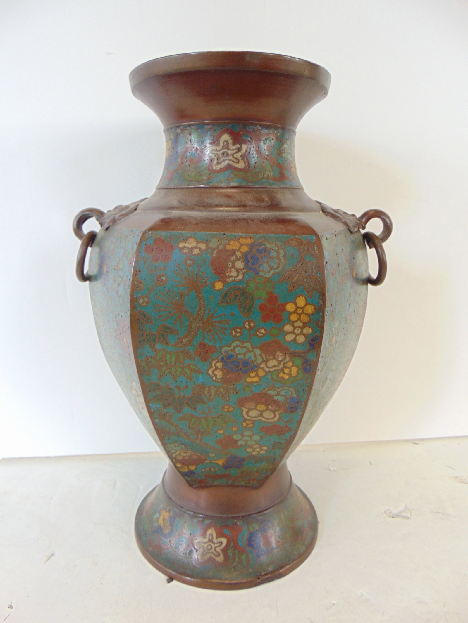 Asian Champlevé bronze vase with floral decoration & ring handles, vase is 13 1/8" tall (1 of 6)