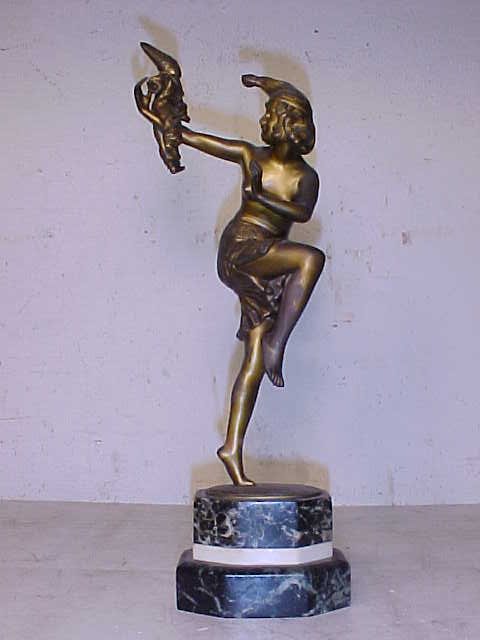 Deco bronze, dancer, sgd. Poertzel: Deco bronze, dancer with puppet on arm, marble base, sgd. Poertzel, female dancing figure with hat & skirt, puppet seated on her arm, typical deco look, on mixed marble base, total height is14.75", si