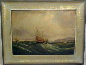 Oil, by Samuel Colman NA: O/C, "Silver Street, ", by Samuel Colman NA, 10 1/8" by 14", signed indistinctly lower left, has paper label on back that reads "Silver Street (The English Channel)", painted by Samuel Colman N.A., in