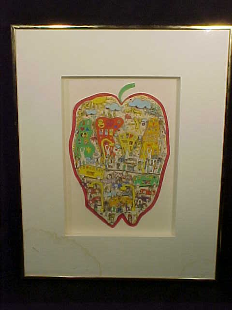 Mixed media, "Summertime in the Big Apple, James: Mixed media, "Summertime in the Big Apple, James Rizzi. Great looking New York scene in the shape of an apple, signed James Rizzi 1980, edition 23/99. Matting shows waterdamage, actual art undamaged,