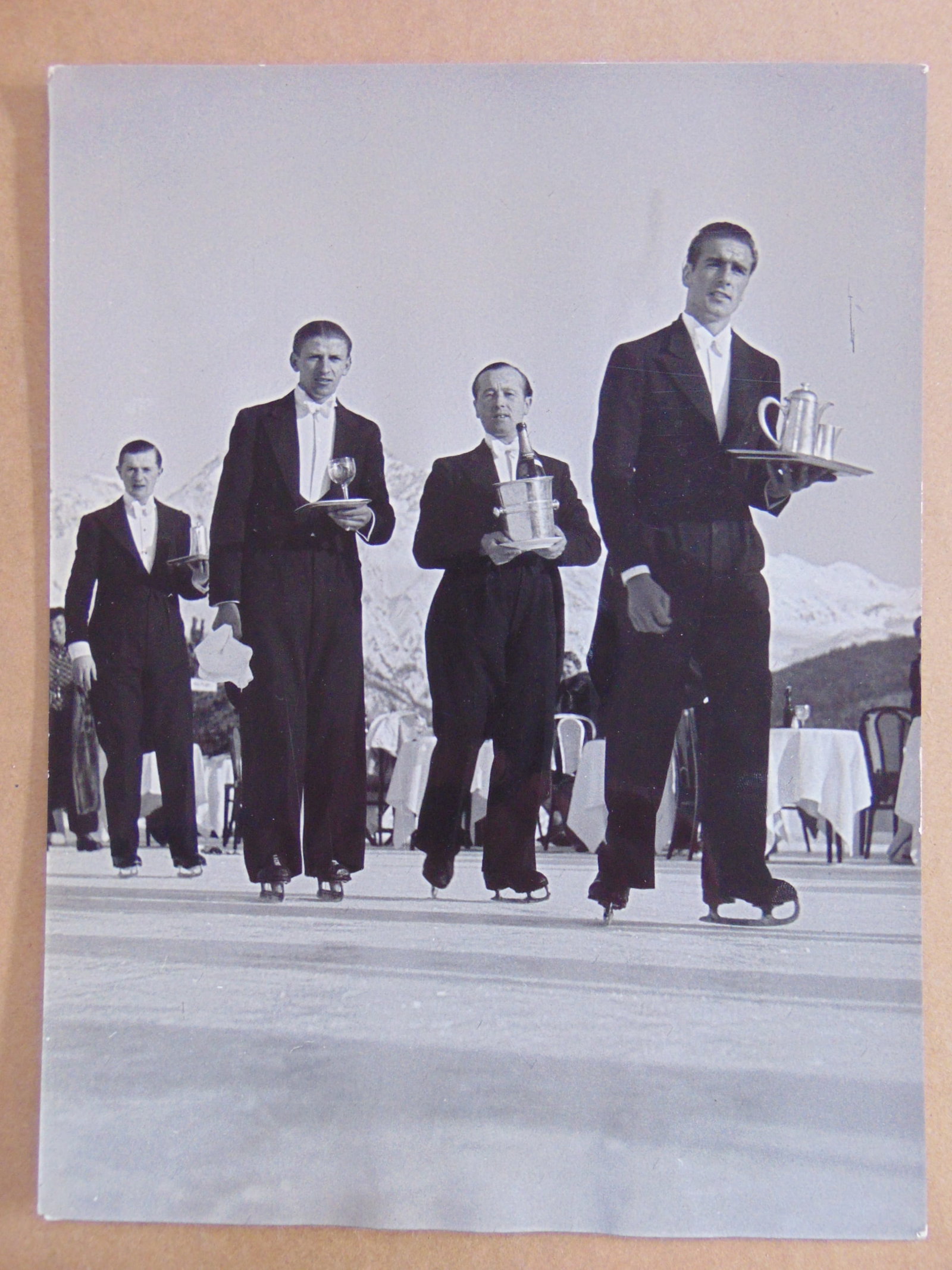 Photograph, "St. Moritz", Foto Blau, H. Niedecken, St. Moritz, from the Alfred Eisenstaedt: Photograph, "St. Moritz", Foto Blau, H. Niedecken, St. Moritz, from the Alfred Eisenstaedt collection, showing 4 waiters on ice skates with coffee & champagne, photo is 9.5" by 7.25" NOTE, all photogr