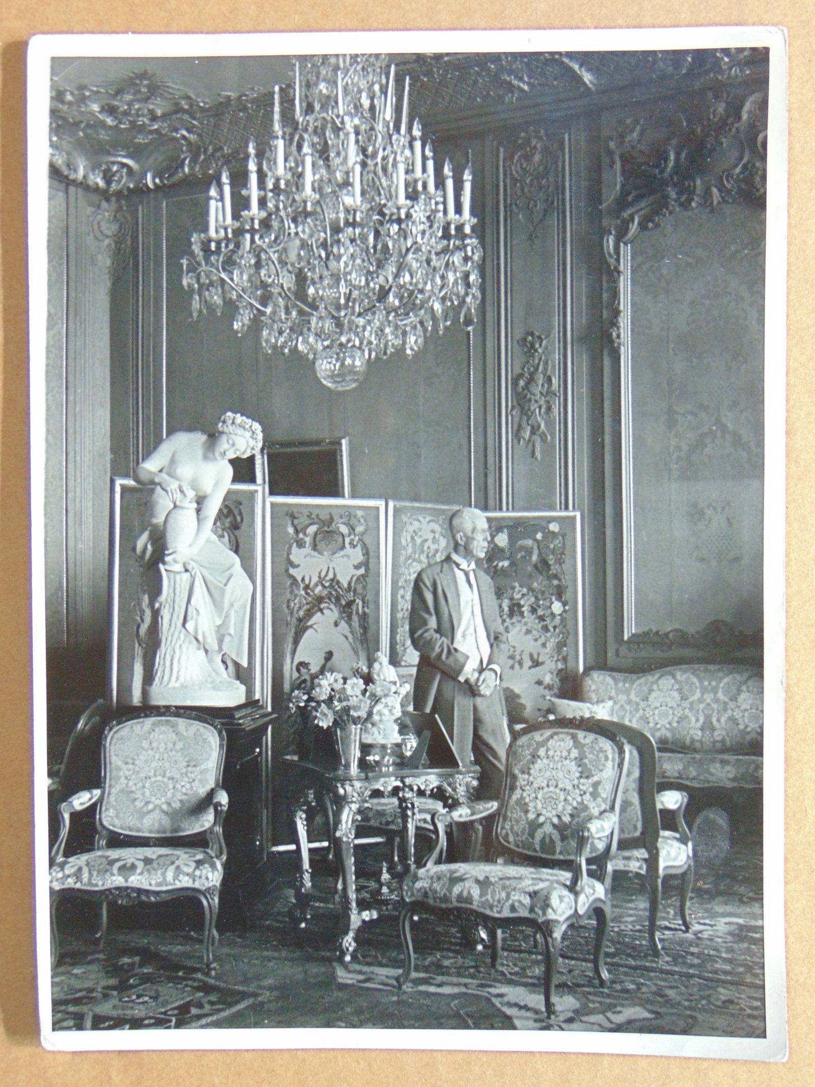 Alfred Eisenstaedt photograph, King Gustav of Sweden in a formal room with statues, chandelier, (1 of 4)