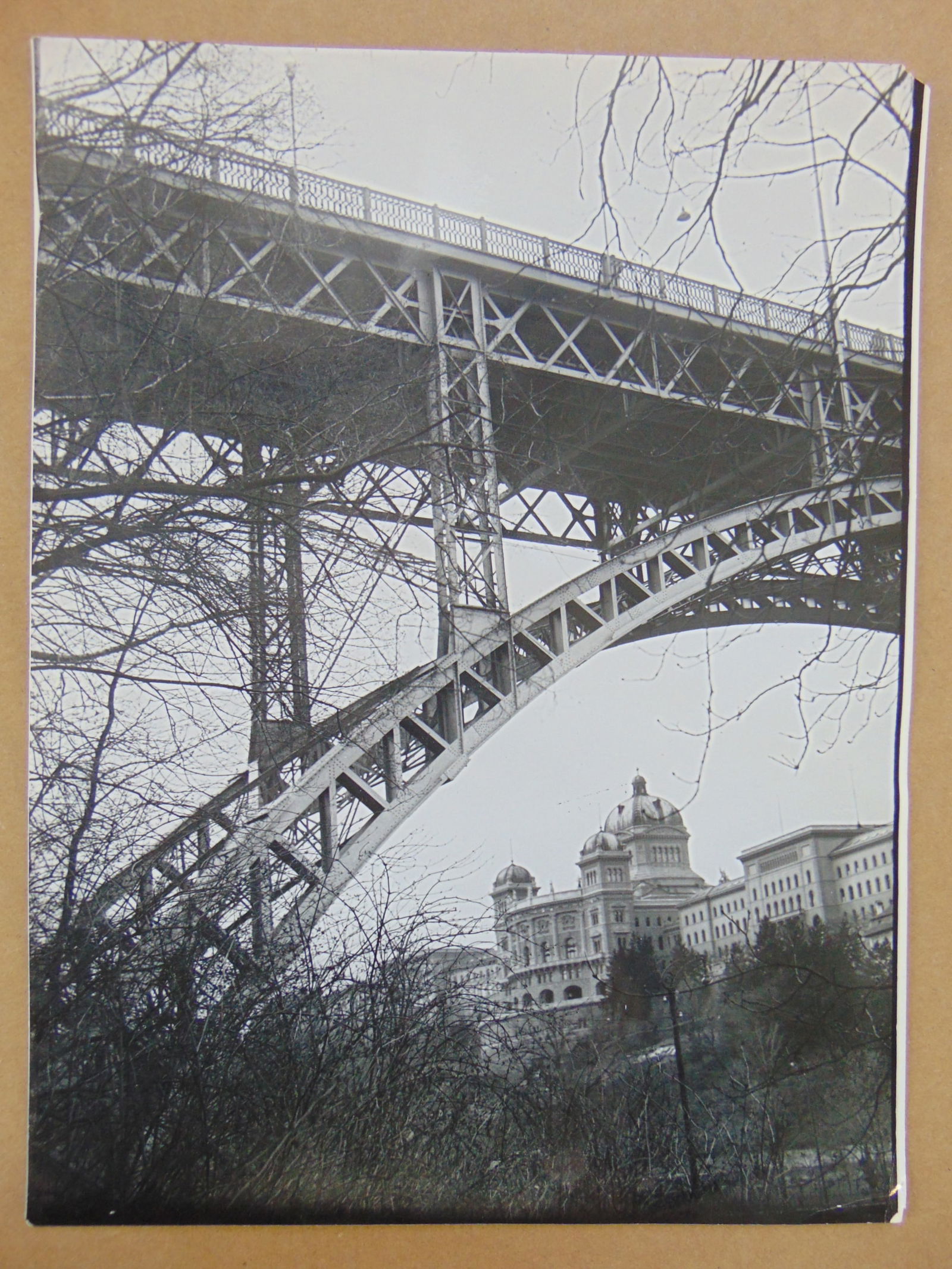Photograph, attributed to Alfred Eisenstaedt, "Kirchenfeldbrucke, Bern Switzerland", with Associated: Photograph, attributed to Alfred Eisenstaedt, "Kirchenfeldbrucke, Bern Switzerland", with Associated press stamps, 9.5" by 7". NOTE, all photographs in this auction are original, not reprints, some sm
