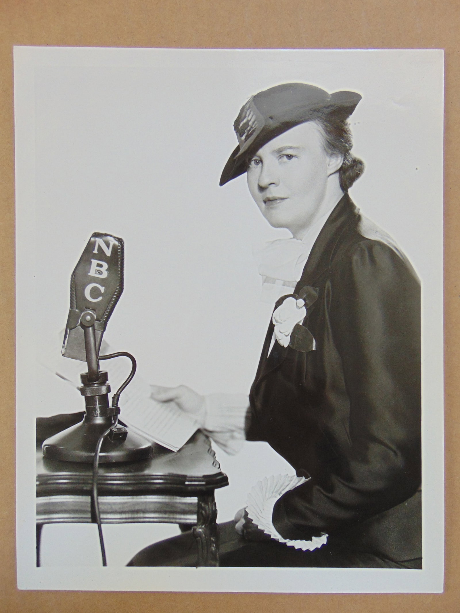 Photograph, writer Dorothy Thompson by NBC Microphone, original photo, no stamps or details on: Photograph, writer Dorothy Thompson by NBC Microphone, original photo, no stamps or details on reverse, 9.25" by 7.25"