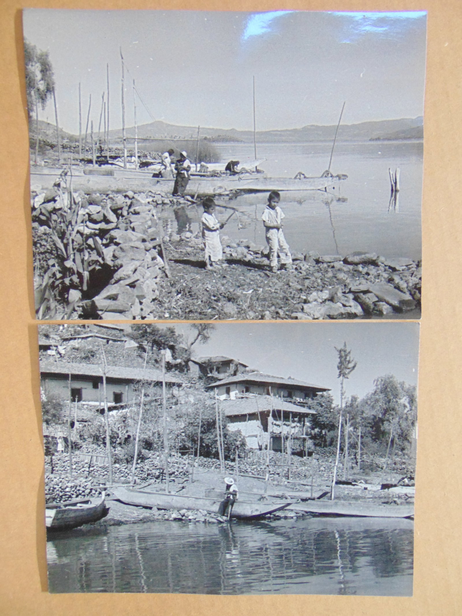 2 photographs, scenes of Janitzio, Mexico, children & fishermen by small boats, no stamps,: 2 photographs, scenes of Janitzio, Mexico, children & fishermen by small boats, no stamps, photographer information, 7.5" by 9.25"