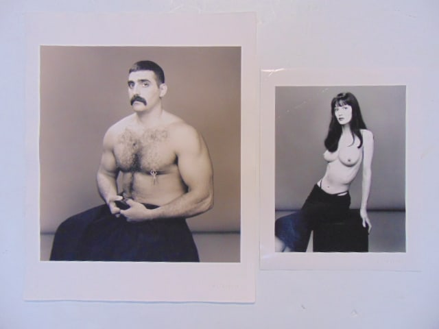 2 photographs by Len Prince, "Erotic body Shots", 1993, portrait of a topless woman & portrait: 2 photographs by Len Prince, "Erotic body Shots", 1993, portrait of a topless woman & portrait seated man, both signed Len Prince, signed on back, 19.75" by 16" & 14" by 11", woman has foldmark upper