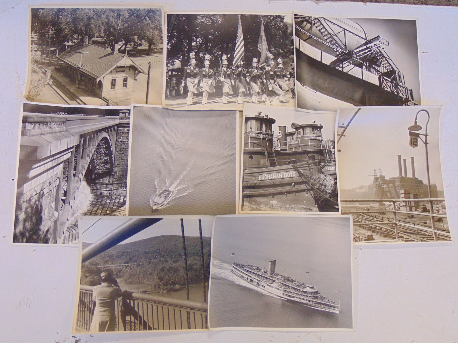 9 photographs by Charles Hellman, various scenes taken around 1950, Hudson River Line Steamer: 9 photographs by Charles Hellman, various scenes taken around 1950, Hudson River Line Steamer "Robert Fulton" ; two tugs, "Buchanan Boys"; woman taking a picture from the Bear Mountain Bridge; The Web