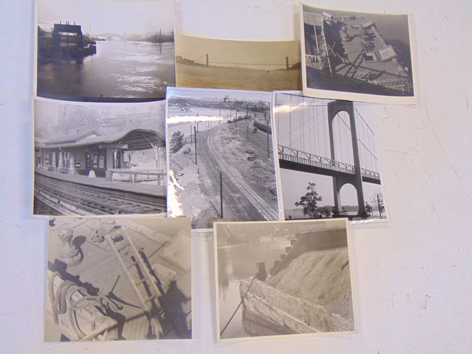 7 photographs by Charles Hellman, boat or dock details, suspension bridge, railroad tracks & old: 7 photographs by Charles Hellman, boat or dock details, suspension bridge, railroad tracks & old Spuyten Duyvil train station