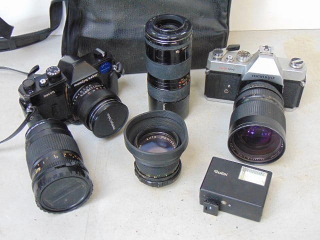 2 Mamiya 35mm cameras, Mamiya DSX 1000 & Mamiya/Sekor 1000 DTL, in case with 5 assorted lenses & (1 of 11)