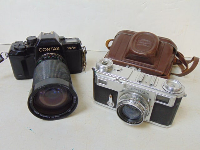 2 Contax cameras, Zeiss Ikon Contax IIa (?) camera with 5cm lens & leather case; plus Contax 167MT (1 of 8)