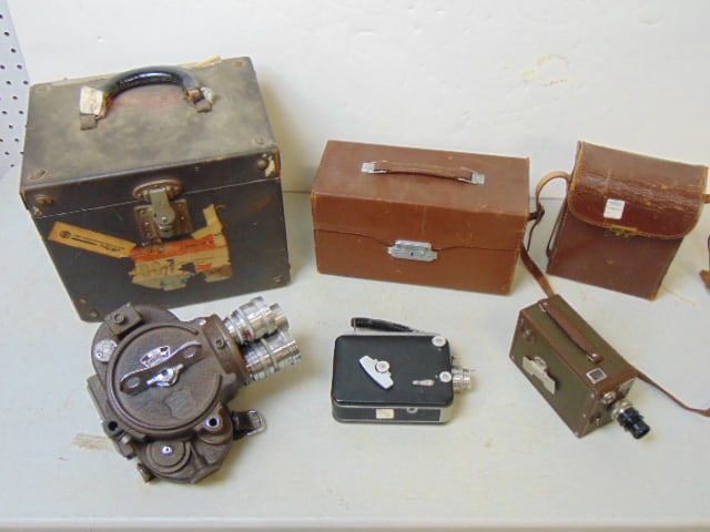 3 movie cameras, Vintage Filmo Bell & Howe Company 16mm cine camera in case; Cine-Kodak Magazine 8 (1 of 11)