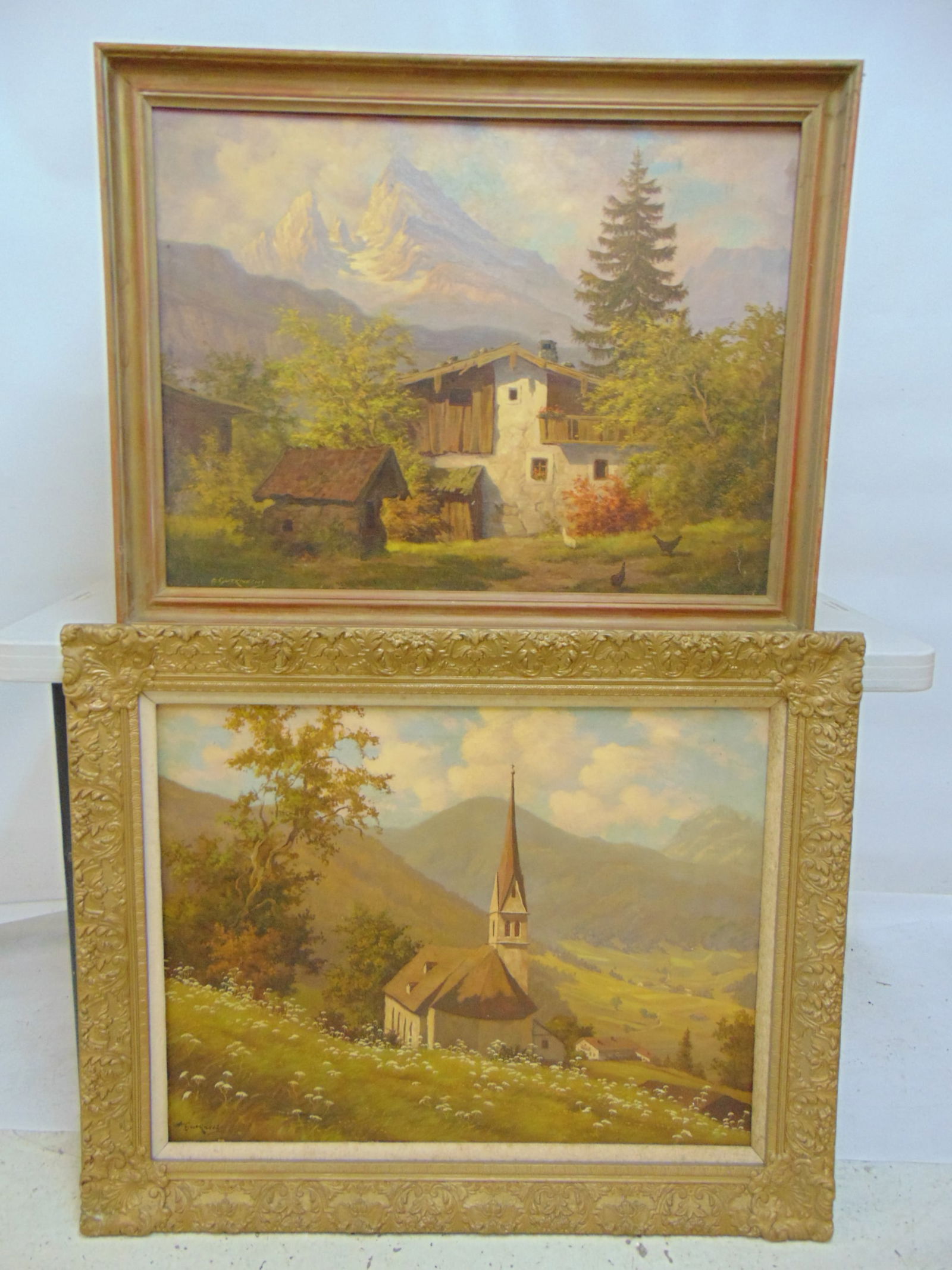 2 paintings, Alpine landscapes, signed A. Gutknecht (Anton), Church in landscape, 23.5" by 31.75" & (1 of 11)