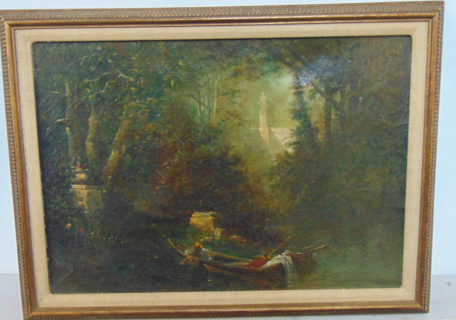 Painting, French garden scene with boat, statues, 19th Century, unsigned (Lubbe written on reverse),: Painting, French garden scene with boat, statues, 19th Century, unsigned (Lubbe written on reverse), oil on canvas, 17" by 24"