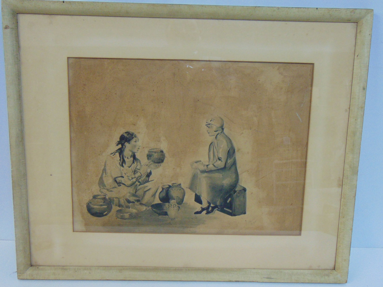 Drawing, Native American pottery seller, signed illegibly (Madeleine C. Bauer ??) 1930, 13" by 17.5": Drawing, Native American pottery seller, signed illegibly (Madeleine C. Bauer ??) 1930, 13" by 17.5" (sight)