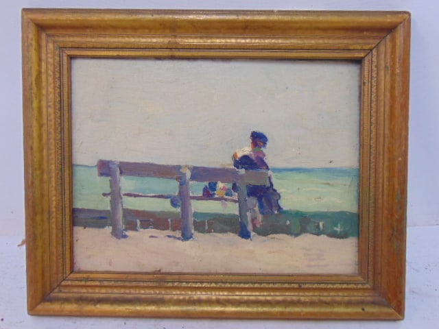 Painting, figure on bench overlooking shore, unsigned, oil on board, 12" by 16" (1 of 4)