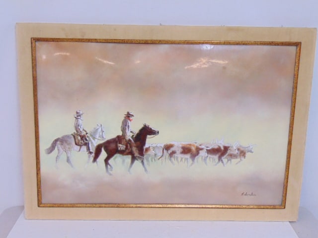 Enamel on copper painting, cowboys with cattle, signed C. Simkin (Carol), 24" by 36" (1 of 6)