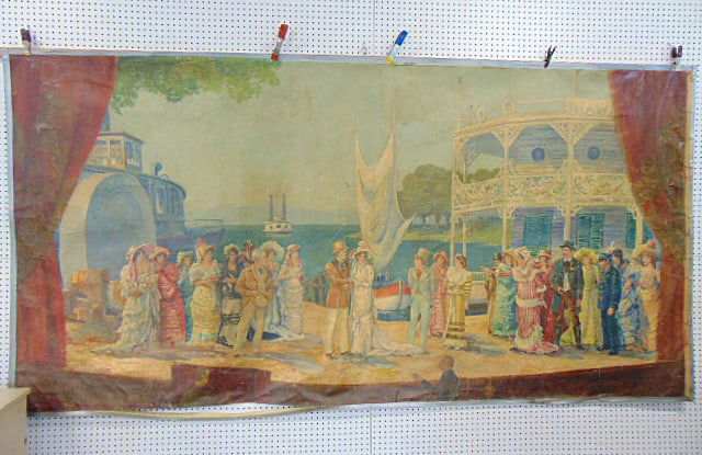 Large mural on canvas, wedding scene with river (Mississippi ?) as background, various figures, (1 of 6)