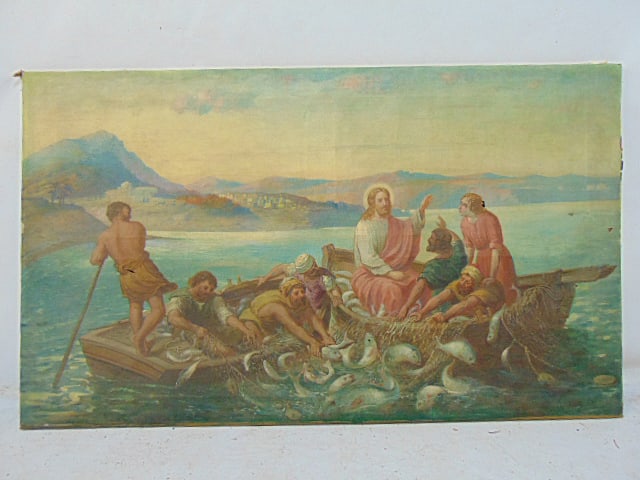 Painting, "miraculous catch of fish", Jesus in the Sea of Galilee, unsigned, oil on canvas, 37" by: Painting, "miraculous catch of fish", Jesus in the Sea of Galilee, unsigned, oil on canvas, 37" by 62.5"