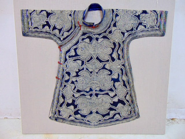 Asian, Chinese child's robe or shirt in blue & white, mounted on canvas, 32' wide", 28" tall: Asian, Chinese child's robe or shirt in blue & white, mounted on canvas, 32' wide", 28" tall