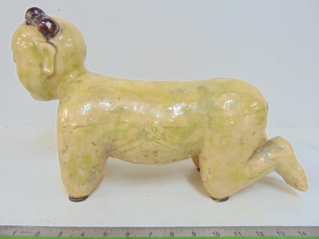 Chinese porcelain figural neck pillow, 17" long, 10.25" tall (head), repair to one leg: Chinese porcelain figural neck pillow, 17" long, 10.25" tall (head), repair to one leg