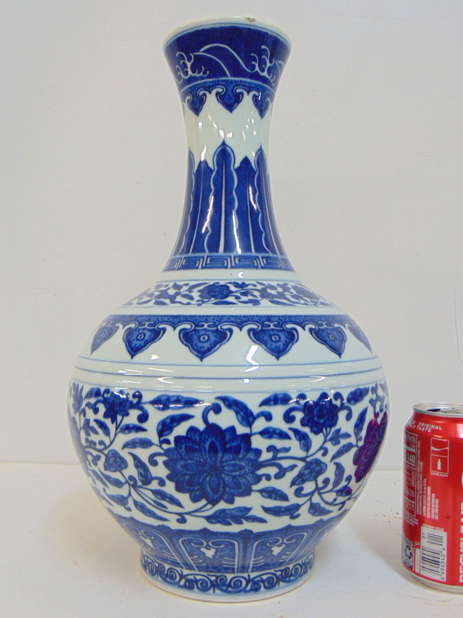 Large Chinese porcelain blue & white vase, signed, has small line in bottom through signature, also (1 of 6)