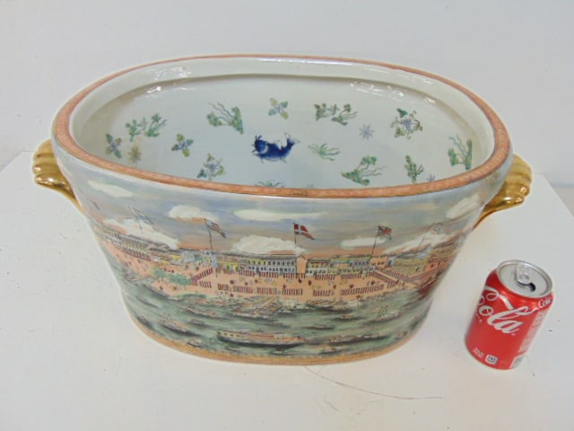 Macau porcelain foot bath with interior fish decoration & exterior harbor with ships decoration,: Macau porcelain foot bath with interior fish decoration & exterior harbor with ships decoration, gilt handles, basin is 19" by 13.75", height is 10"