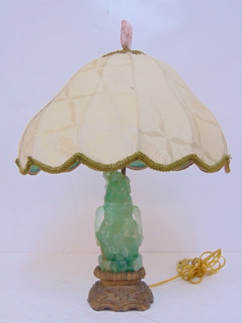 Jadeite lamp with carved wood base & rose quartz finial, lamp is 22" tall (1 of 4)