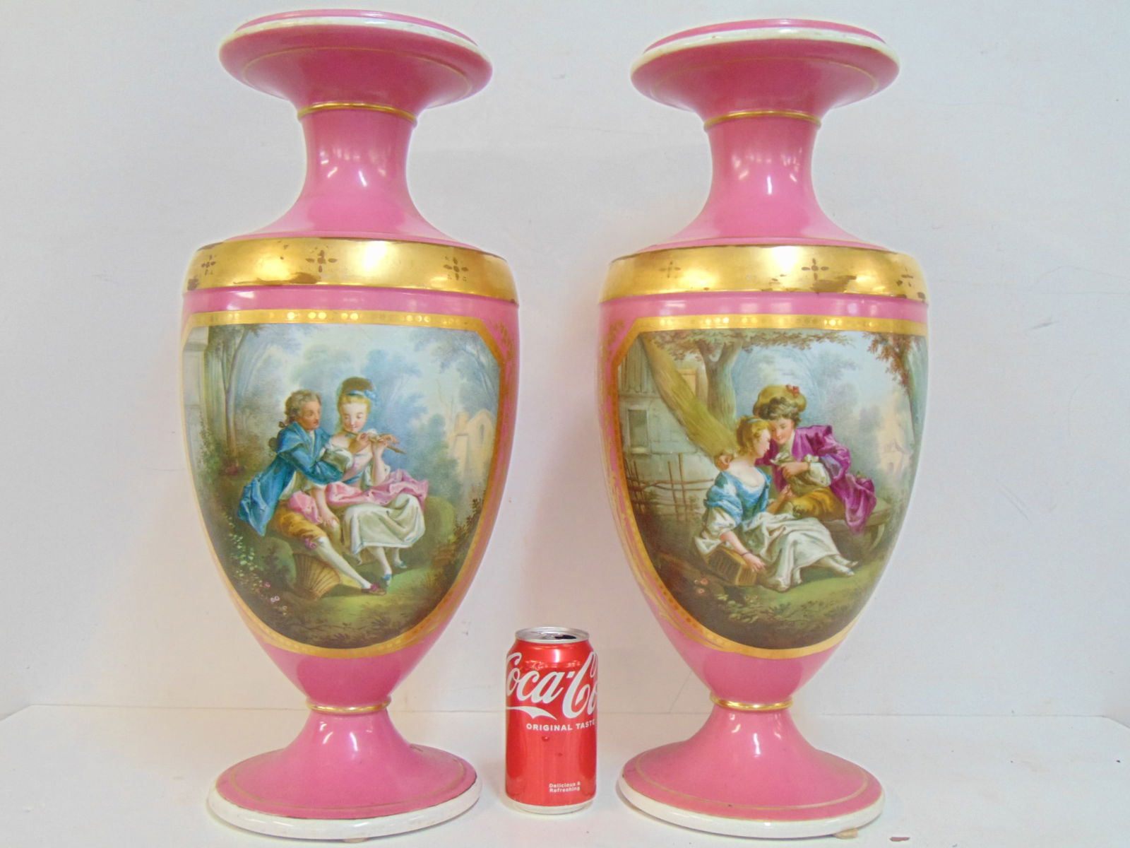 Pair large Sevres paint decorated vases with gilt trim, with courting scenes, each vase is 21.5" (1 of 8)