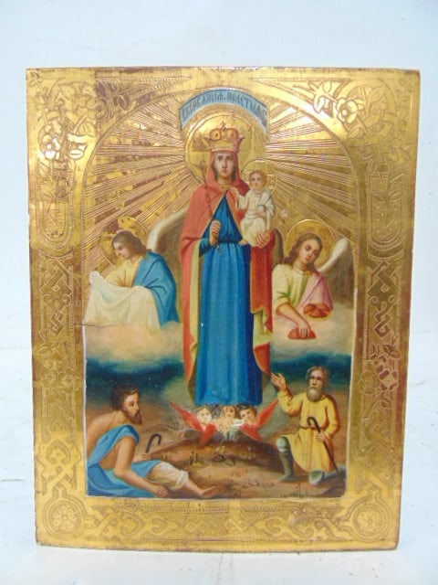Religious icon, virgin with child, angels, figures, gilt detail, on wood panel, 8.75" by 7" (1 of 6)