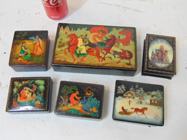 6 lacquered Russian boxes, various scenes including troika, various figures, St. Basil's Cathedral, (1 of 7)
