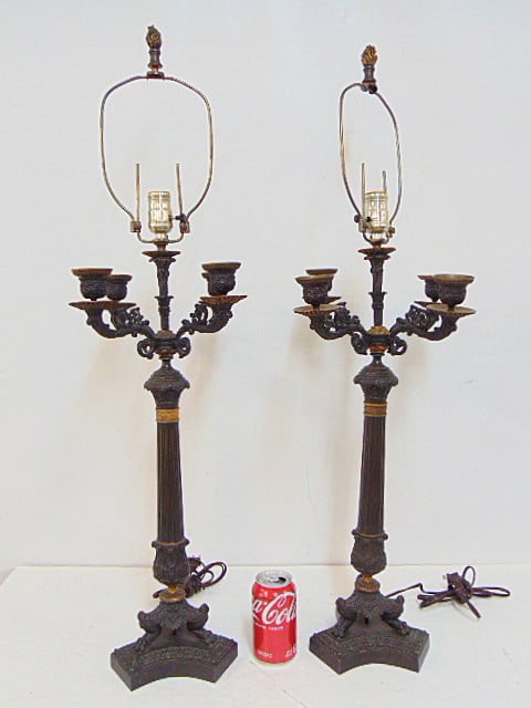 Pair bronze candelabra lamps, claw feet, 4 candle cups & center socket, with shade harp, no shades, (1 of 7)