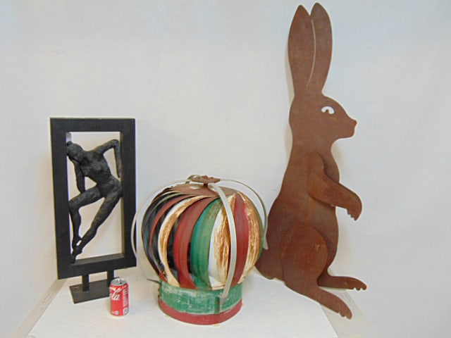 Mid Century sculpture, roof vent & metal rabbit cutout, sculpture of a figure in a square frame, 27" (1 of 7)