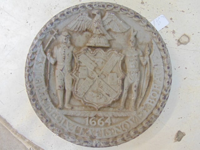 Cast iron city seal bridge plaque, from New York City highway, possibly from West Side Elevated (1 of 4)