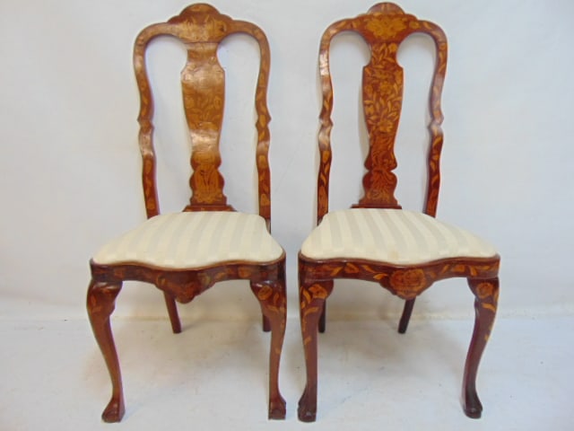 Two marquetry inlaid side chairs, decorated with flowers, birds, butterflies, probably Dutch, seat (1 of 10)