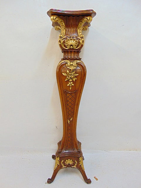 19th Century French walnut pedestal with carved & gilt detail, pedestal is 44.25" tall: 19th Century French walnut pedestal with carved & gilt detail, pedestal is 44.25" tall.Pedestal is missing one foot.