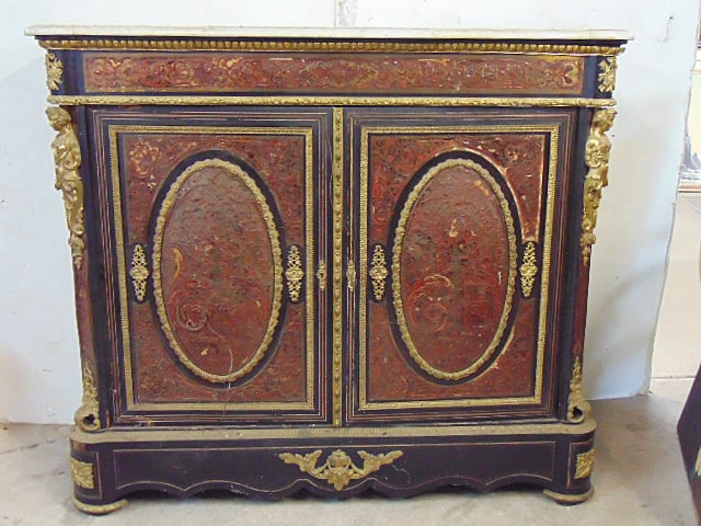 Marble top boulle inlaid cabinet, with bronze mounted decorations, cabinet is 50" wide, 16.75" deep, (1 of 9)