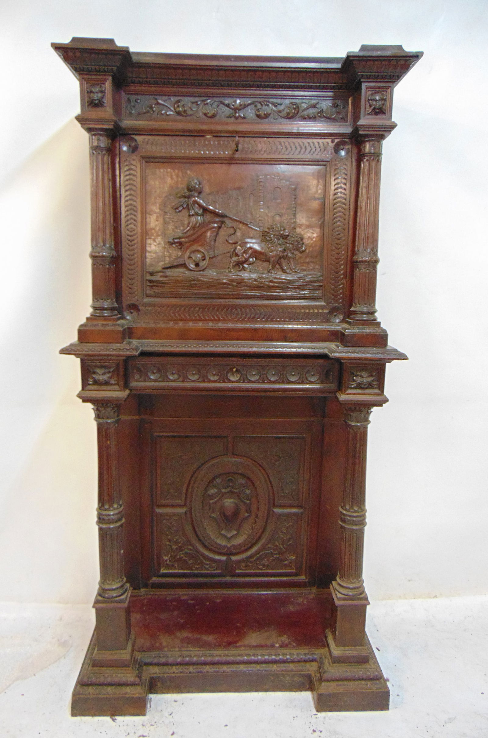 Antique drop front desk with carved front & sides, Herter quality, on column base, front has carved (1 of 14)