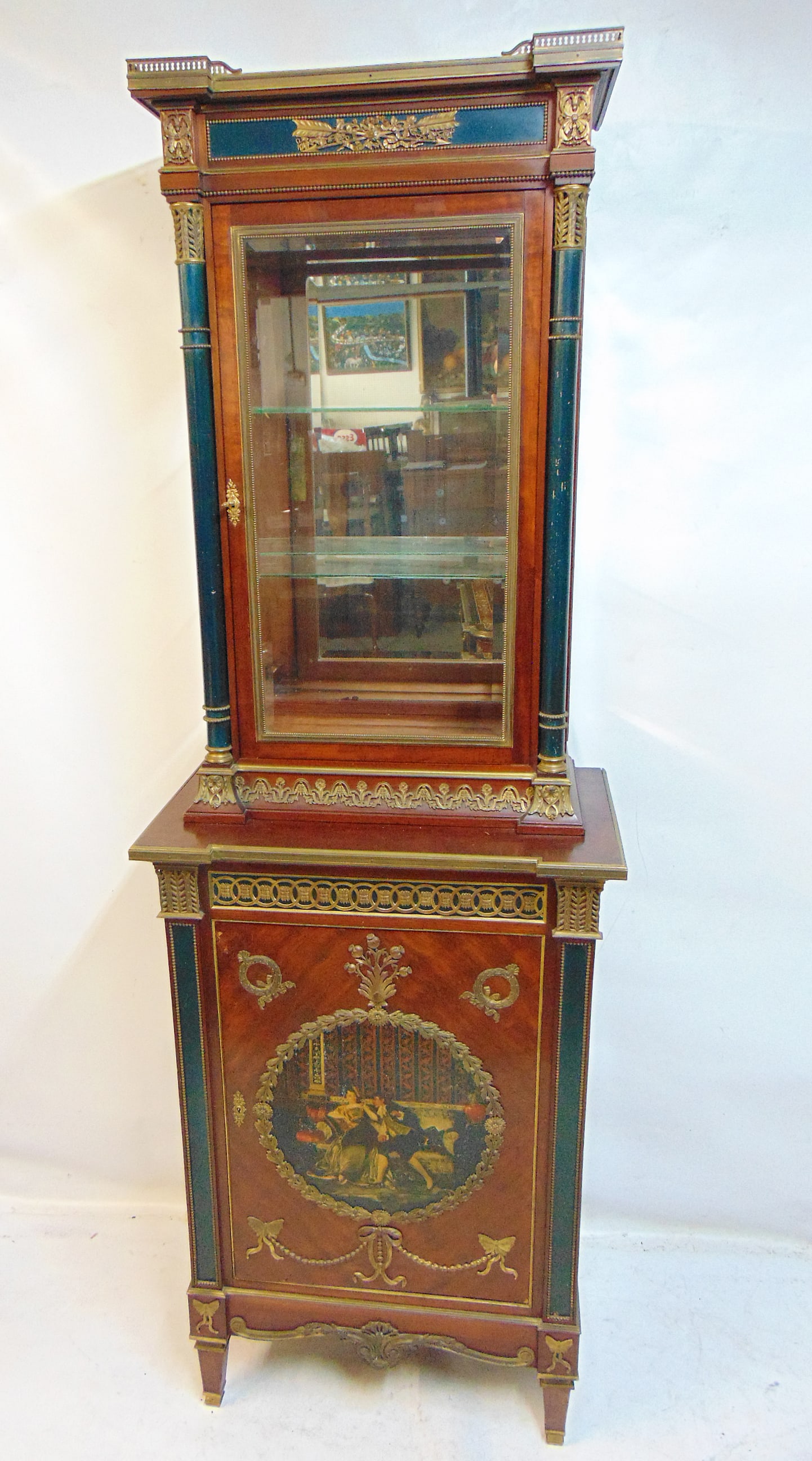 Bronze mounted paint decorated French vitrine, rosewood & painted columns, excellent quality, top (1 of 10)