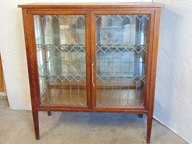 Arts and Crafts period oak curio cabinet with leaded doors & sides and two glass shelves, cabinet is (1 of 5)