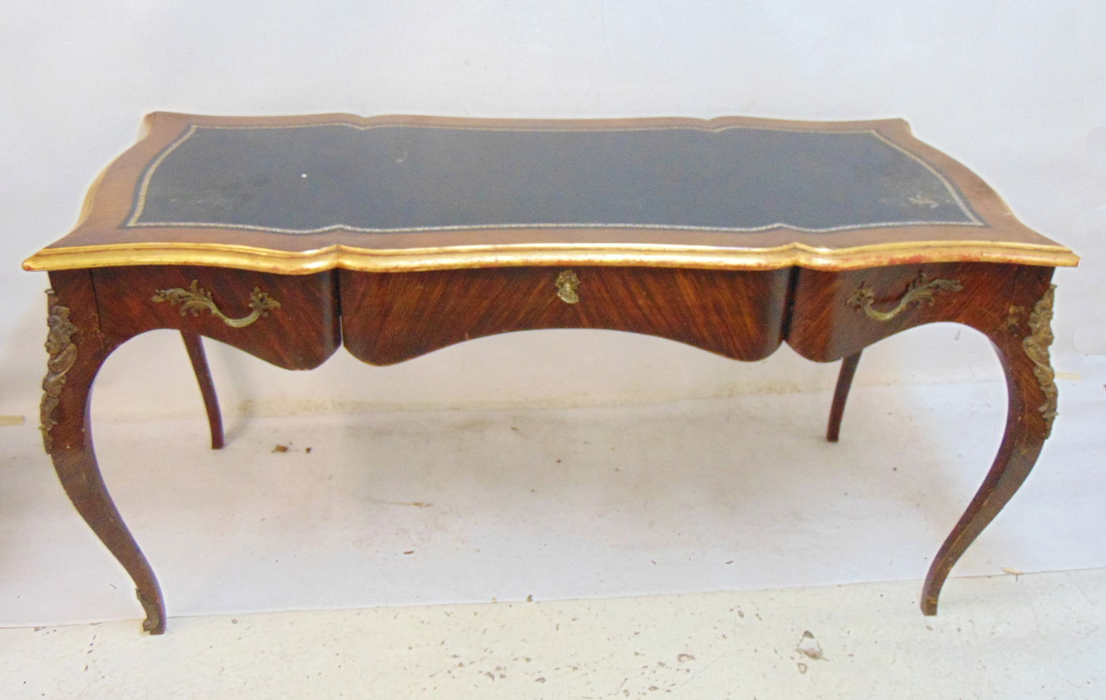 Later French leather top desk with bronze trim, some bronze decorations missing, desk is 60.25" by (1 of 4)