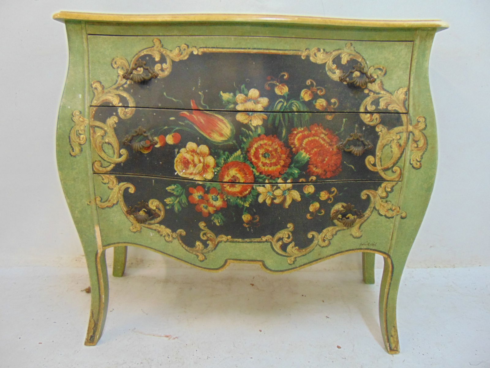 Paint decorated bombe style chest by Decorative Crafts Inc., floral decorated with 3 drawers, chest (1 of 4)