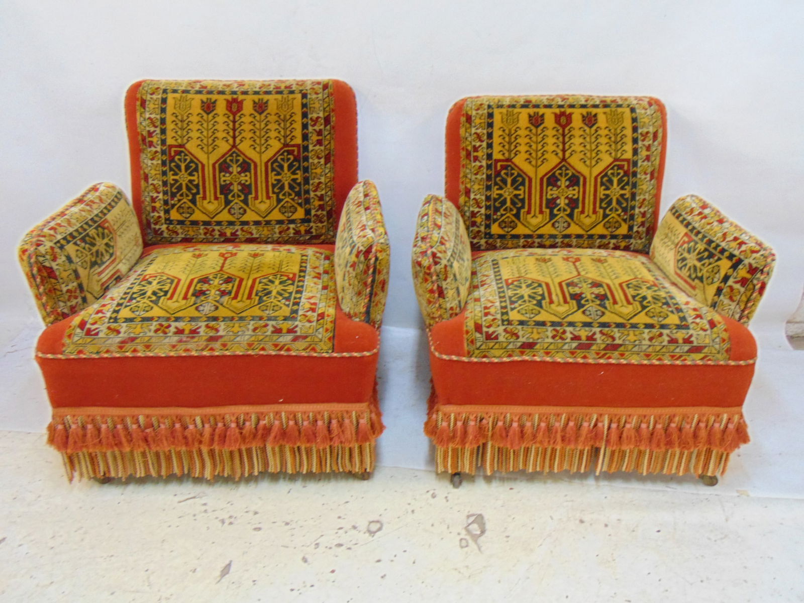 Pair Victorian Turkish style upholstered arm chairs, fringe bottoms, each chair is 30" wide, 31" (1 of 5)
