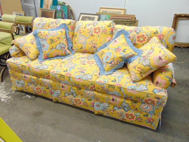 Floral upholstered sofa by Pierre Deux, French Country, in yellow upholstery with exotic flowers, (1 of 7)