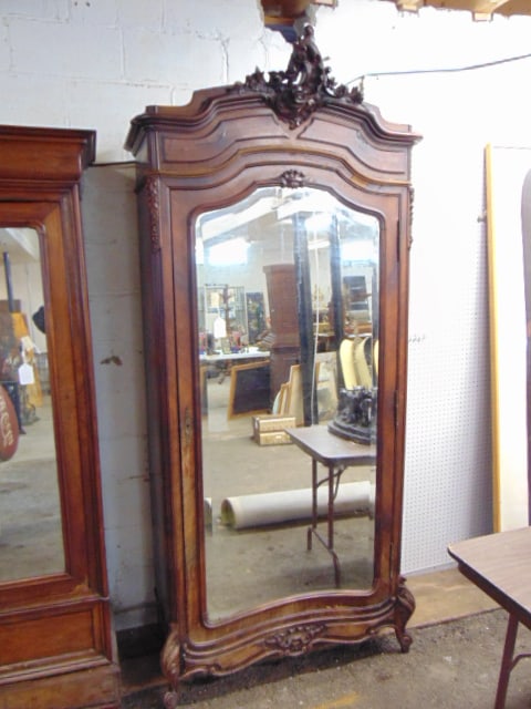 French mirrored door armoire with carved crest, armoire is 94.5" tall, 43" wide, depth is 18.75", (1 of 5)