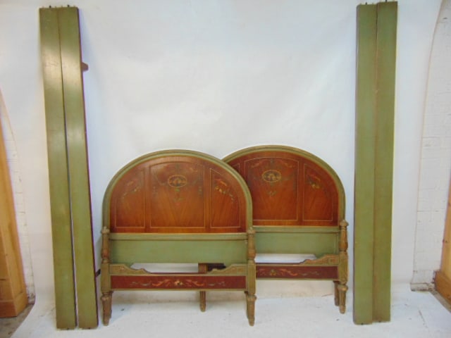 Pair 1930's paint decorated single beds with rails, in green paint with floral decoration, beds are (1 of 4)