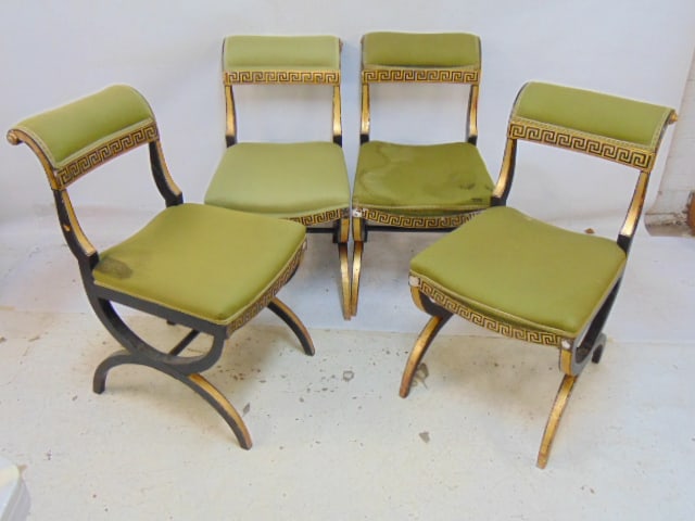 Set of 4 Regency style chairs, green upholstery, black painted frames with gilt decoration, as (1 of 4)