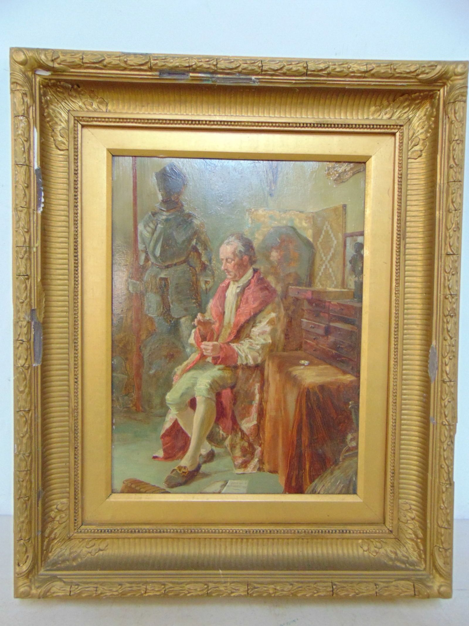 Painting, "The Antiquary", label on reverse with info, very faintly written, man seated on chair (1 of 8)